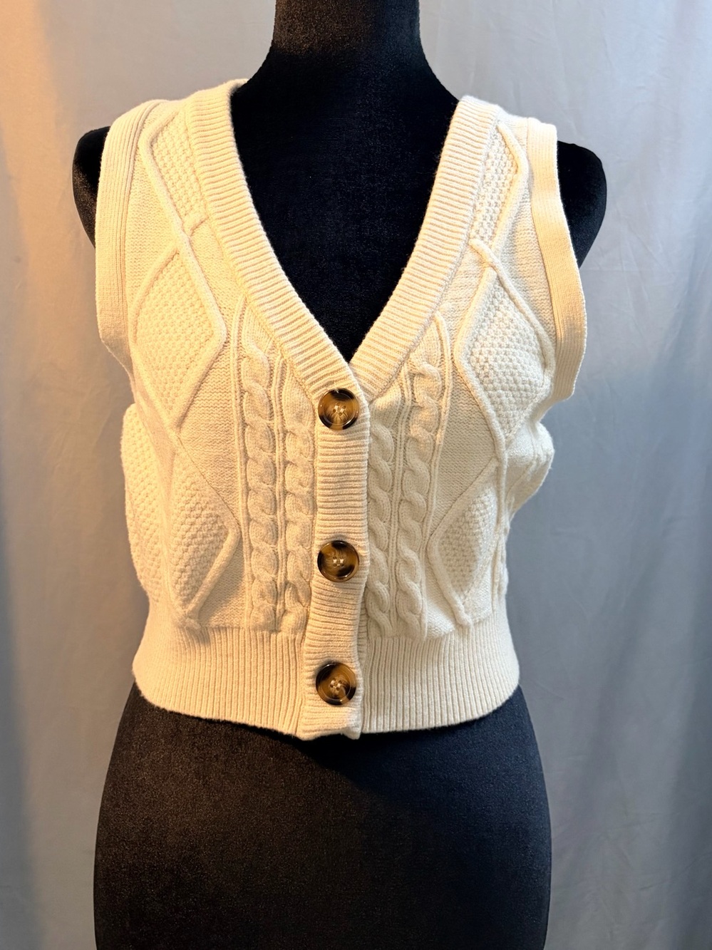 Sincerly Jules Cream Cable Knit V-Neck Button Sweater Vest